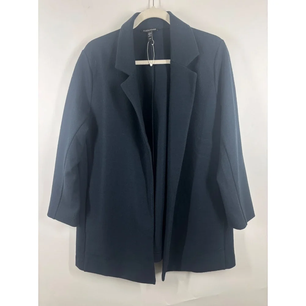 Eileen Fisher Boiled Wool Jersey Long Blazer Navy Blue Open Front Jacket M New
